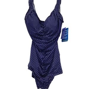 Maxine Polka Dot Shirred Ruffle One Piece Swimsuit Navy Blue Size 12 NEW